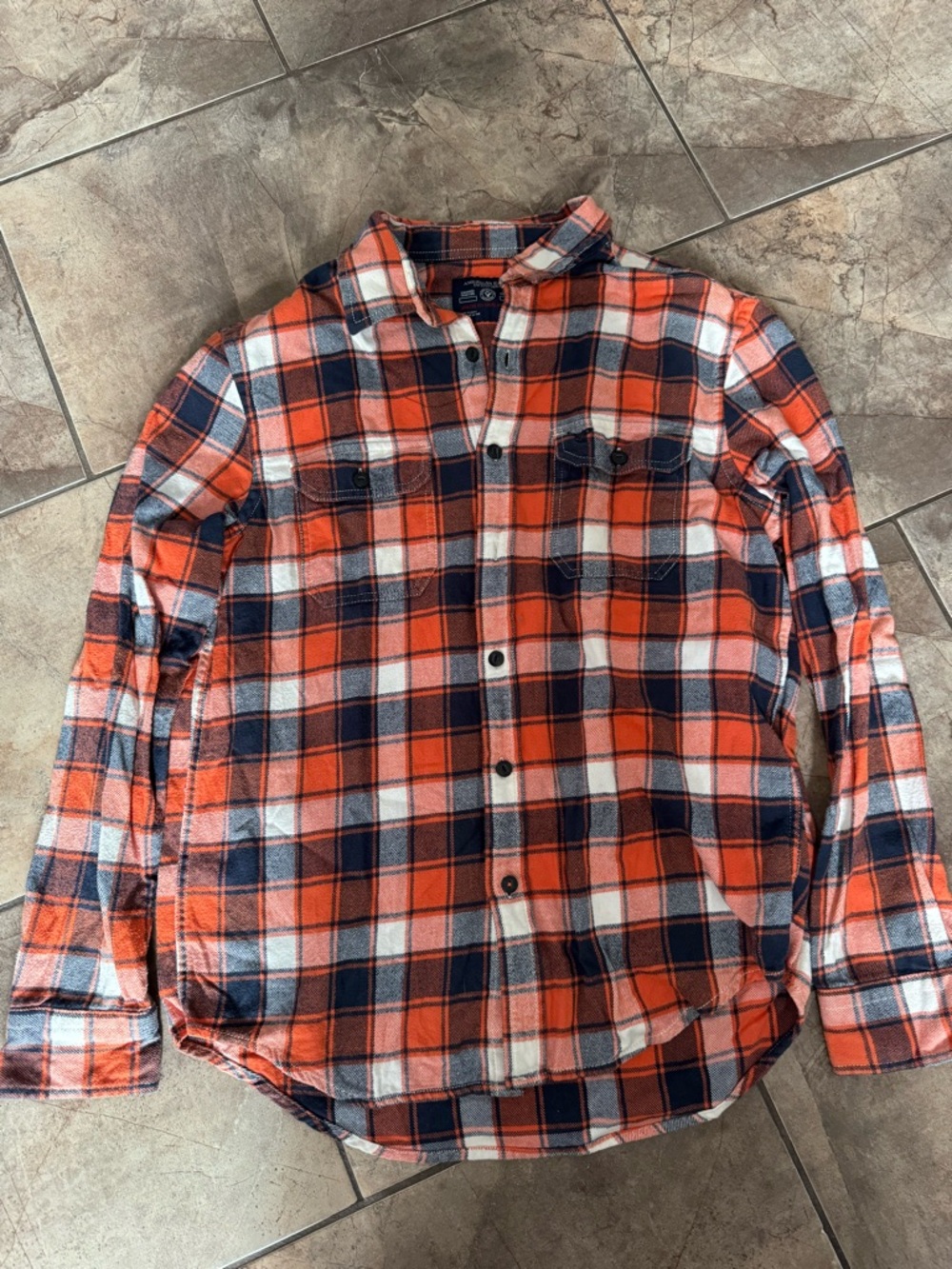 American Eagle Outfitters Orange, Navy & White Plaid Button-Down Shirt
